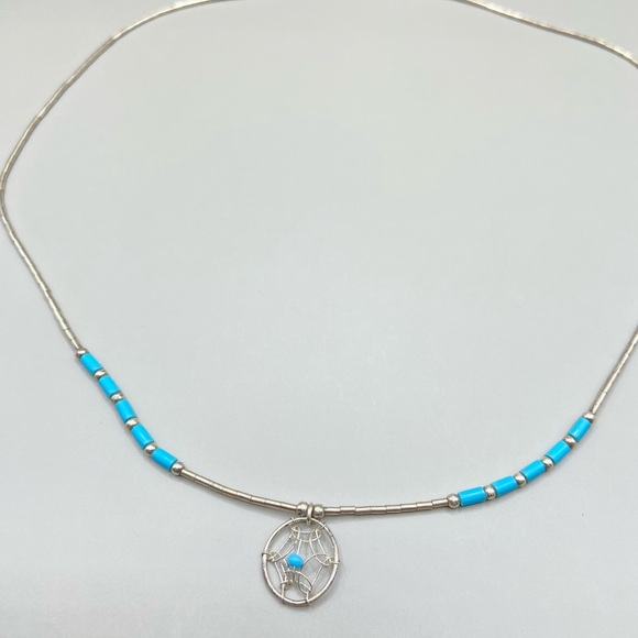Vintage Liquid Silver Blue Bead Dreamcatcher Necklace - Picture 3 of 5